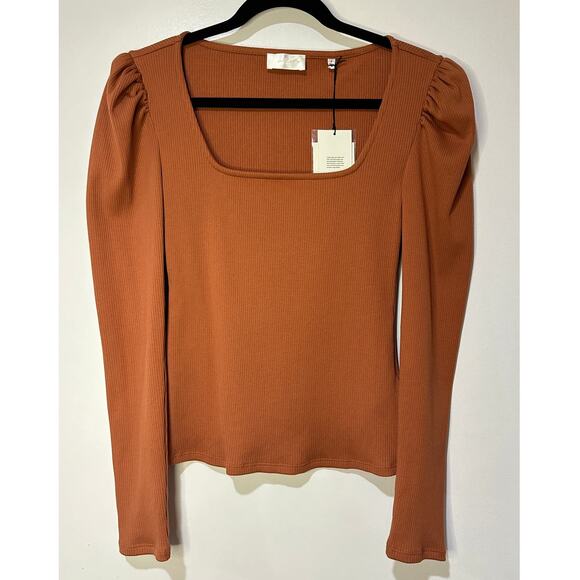 7 For All Mankind Puff Sleeve Square Neck Ribbed Top Size Small NWT Long Sleeves - Picture 2 of 13